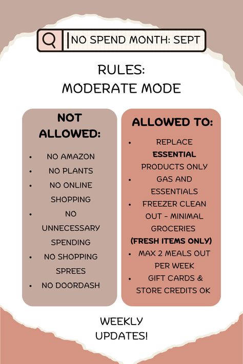 No Spend Days Ideas, Budget Rules Saving Money, No Buy Year 2024, Low Buy Rules, No Spend Month Rules, No Spend September, Finance Tips Saving Money, No Spend Week, No Spend Year Challenge