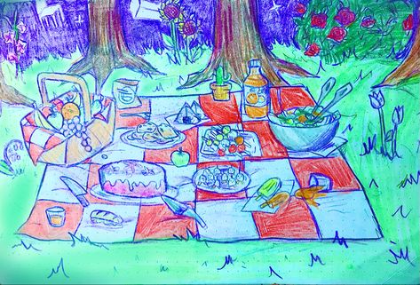 Picnic Date Drawing, Picnic Pose Reference, Picnic Blanket Drawing, Picnic Drawing Reference, Picnic Reference, Picnic Drawing, Picnic Basket Food, Beginner Drawing, Lots Of Food