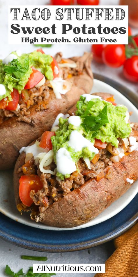 Taco Stuffed Sweet Potatoes Ground Turkey Stuffed Sweet Potato, Taco Sweet Potato Boats, Heart Healthy Sweet Potato Recipes, High Protein Sweet Potato Recipes, Low Calorie Sweet Potato, Taco Stuffed Sweet Potato, Healthy 2024, Paleo Mexican, 2024 Meals