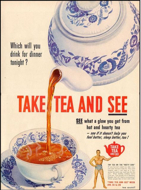 Project 1 - Competitive Analysis;   Old school tea advertising;  Good movement and layout placement; However, very typical type of ad Bridal Shower Luncheon, Tea Quotes, Brand Advertising, Cuppa Tea, Tea Brands, Tea Art, Floral Tea, Fun Cup, Tea Shop