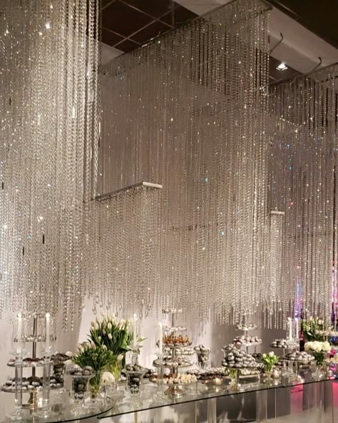 Crystal Hanging Decor Wedding, Ceiling Drape Wedding, Diamond Event Decor, Crystal Themed Wedding Decor, Crystal Chandelier Aesthetic, Crystal Theme Wedding, Crystal Wedding Decor, Dream Wedding Reception, Wedding Mirror