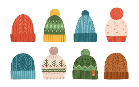 Set of winter or autumn hats flat design... | Premium Vector #Freepik #vector #background #design #fashion #blue Knitting Patterns Illustration, Winter Hat Doodle, Winter Hat Illustration, Winter Fashion Illustration, Sweater Cookies, Winter Vector, Hat Illustration, Idea Generation, Christmas Graphic Design