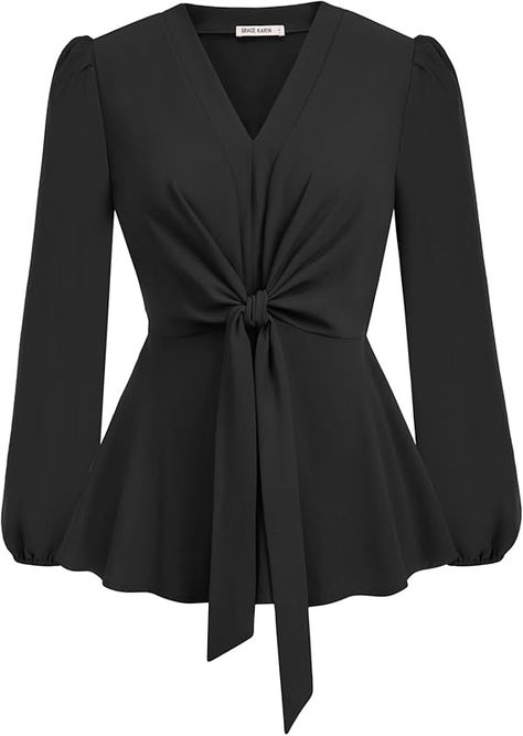 GRACE KARIN Women's Peplum Tops Long Sleeve V-Neck Tie Front Shirt Blouses Elegant Casual Top Womens Peplum Tops, Black Peplum Top, Bell Sleeve Shirt, Peplum Tops, Summer Elegant, Black Peplum, Front Tie Shirt, Fitted Blouses, Tops Blouse