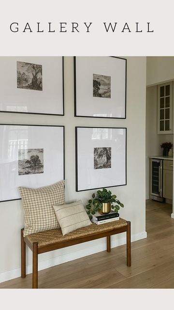 Wall Art Above Entry Bench, Wall Decor Above Bench, Bench Under Gallery Wall, Large Frames Above Couch, Living Room Decor Beige Sofa, Styling Bench, Studio Mcgee Wall Art, Gallery Wall Above Couch, Artwork Above Couch