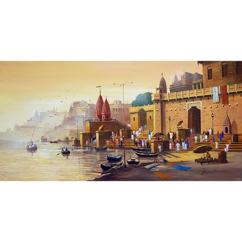 People of different sizes, colors, and heights usually cross paths on these allies of the visit to The Banaras Ghat. Scenic including orange banners, flowers spread across the narrow streets, Shivalinga on almost every corner, never-ending stairs to the Ghats, chanting of holy verses are all combined and created as a beautiful experience via this painting. Amazing shades of reds, yellows, and blues are combined for creating a mesmerizing artwork that seems to be alive. Banaras Ghat Painting, Ghat Painting, Banaras Ghat, Urban Art Painting, Colour Reference, Buddha Painting, City Illustration, Classic Paintings, Landscape Canvas