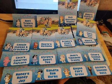 Bluey Themed Food, Bingo Birthday, Cow Tattoo, Bluey Party, Food Cards, Party Food Labels, Bluey Birthday, Themed Food, 2nd Birthday Party Themes