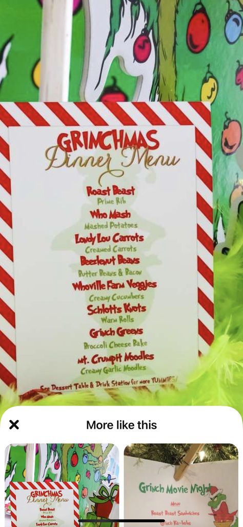 Whoville Christmas Dinner, Grinch Themed Dinner Party, Grinch Theme Dinner, Grinch Themed Dinner Food, The Grinch Dinner, Grinch Menu Ideas, Grinch Birthday Party Food, Grinch Dinner Menu Ideas, Grinch Themed Dinner