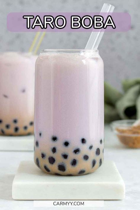 Sweet, rich, and creamy, this Taro Milk Tea is so easy to make at home. This taro bubble tea features a simple brown sugar syrup and tapioca but you can enjoy the taro milk without it! Easily make this taro boba with taro powder or real taro. Taro Powder, Milk Tea With Boba, Taro Recipes, Boba Smoothie, Taro Milk Tea, Taro Bubble Tea, Genmaicha Tea, Taro Boba, Boba Tea Recipe