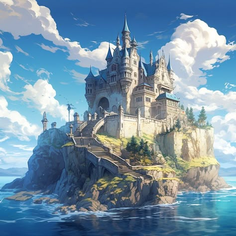 Island Castle Fantasy Art, Castle On Island, Castle Concept Art, Castle Inspiration, Animation Classes, Fantasy Village, Castle Painting, Fantasy World Map, Minecraft Castle