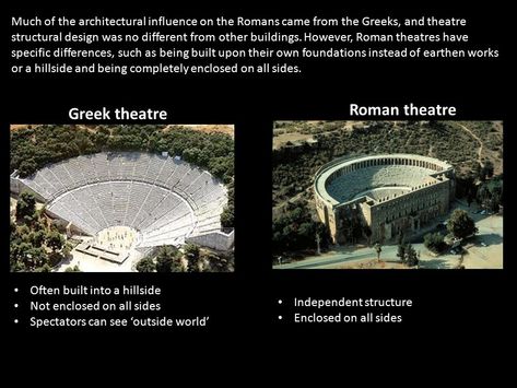 A picture giving briefing basic differences between the architecture or Greek and Roman theatre Greek And Roman Architecture, Ancient Greek Theatre, Greek Theater, Ancient Roman Architecture, Greek Theatre, Theater Architecture, Greek Architecture, Roman Theatre, Roman Architecture