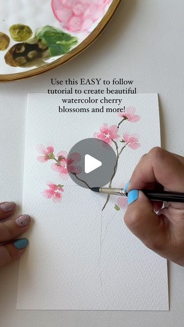 Easy Beautiful Watercolor Paintings, Watercolour Step By Step Easy, Quick And Easy Painting Ideas, Watercolor Tutorials Videos, Watercolor Videos Tutorial, Watercolour Cherry Blossom, Cherry Blossom Tutorial, Cherry Blossom Watercolor, Tree Watercolor Painting