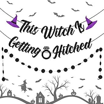 This Witch is Getting Hitched Banner Purple Halloween Witch Bachelorette Party Bridal Shower Hanging Decorations with Black Circle Dots Garland : Amazon.ca: Health & Personal Care Witch Bachelorette Party, Bach Party Decorations, Midnight Margaritas, Halloween Bridal Showers, Bachelorette Banner, Getting Hitched, Letter Banner, Bachelorette Themes, Bachelorette Decorations