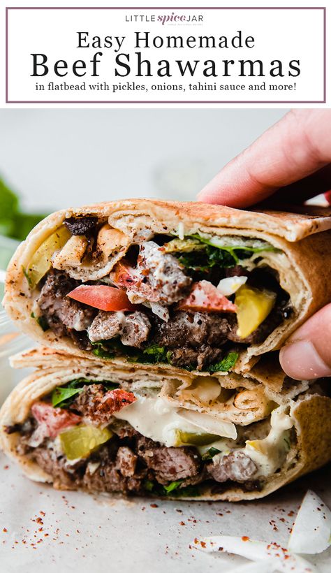 Beef Shawarma: Learn how to make beef shawarmas 2 ways! You can make the meat on the stove top or in the instant pot! This is seriously better than a restaurant! #beefrecipes #shawarma #beefshawarma #shawarmarecipe #instantpot | Littlespicejar.com Beef Shawarma Recipe, Shawarma Meat, Lebanese Bread, Beef Shawarma, Pickles Onions, Shawarma Seasoning, Shawarma Spices, Shawarma Recipe, Beef Chuck Roast