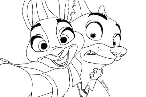 Nick And Judy Drawing, Zootopia Coloring Pages, Judy And Nick, Zootopia Nick And Judy, Disney Character Drawings, Cartoon Art Drawing, A Coloring Page, Doodle Pages, Easy Love Drawings