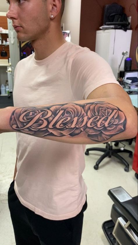 Blessed With Roses Tattoo, Mens Forearm Tattoos Small, Mens Forearm Tattoos, Forearm Name Tattoos, Tato Lengan Bawah, Blessed Tattoo, Blessed Tattoos, Tato Ikan Koi, Rose Tattoos For Men