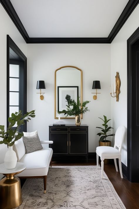 24 Chic White Walls with Black Trim Ideas to Elevate Your Home Decor – HomelyTip White Wall And Black Trim, Black Trim White Walls Living Room, White Wall Contrast Trim, White Walls Black Molding, White Rooms With Black Trim, White Room With Black Trim, Black Trim Inside House, White Walls With Darker Trim, Beige Walls Black Trim