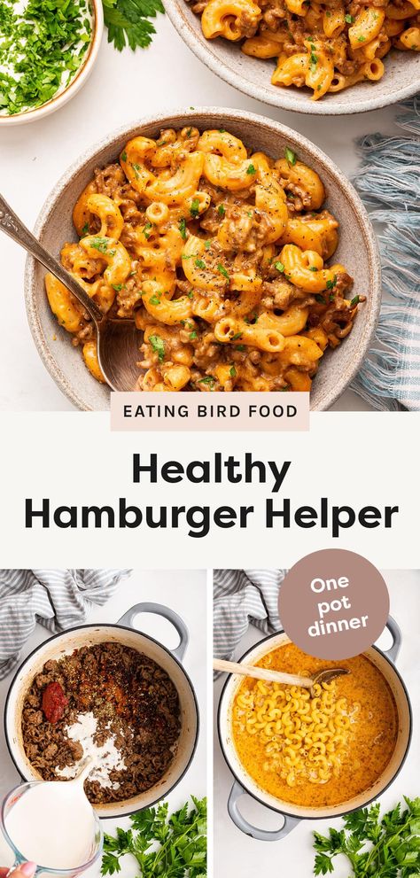 Skip the boxed meal and make this homemade healthy hamburger helper instead. It's a one pot meal that's ready in under 30 minutes for an easy weeknight dinner that the whole family will love. Ground Chicken Hamburger Helper, Cauliflower Hamburger Helper, Healthy Meals Hamburger Meat, Healthy Hamburger Pasta, Easy Dinner Recipes For Family Dairy Free, Whole 30 Hamburger Helper, Ww Hamburger Helper, Healthy Cheeseburger Macaroni, Macro Friendly Hamburger Helper