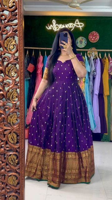 Space Silk Long Frock, Long Frock Front Neck Designs, Silk Long Frocks Indian, Silk Gown Designs Indian, Traditional Gowns Indian, Latest Gown Style, Gown From Saree, Saree Dress Gowns, Saree To Gown Convert