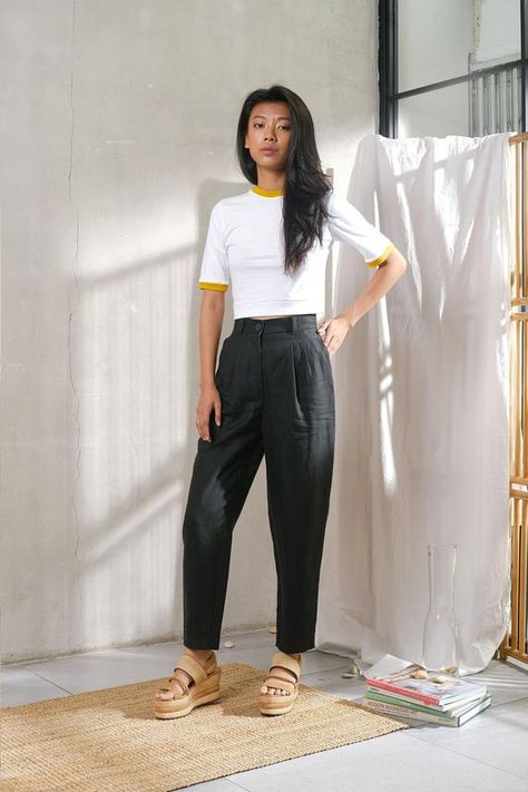 Black Linen Pants/ Preppy Pleated High waisted Tapered | Etsy Cute Aesthetic Clothing, Tapered Pants Outfit, Linen Trousers Outfit, Tailored Pants Outfit, Khaki Linen Pants, Pants Preppy, Brown Linen Pants, Garbage Dump, Black Linen Trousers