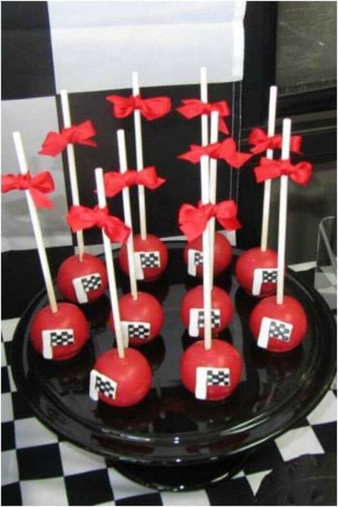 Race Car Party Checkered Flag Cake Pops Car Theme Cake Pops, Checkered Flag Cake, Cars Birthday Party Cake, Flag Cake Pops, Cars Cake Pops, Two Fast Two Furious, Disney Cars Birthday Party, Hotwheels Birthday Party, Cars Birthday Party