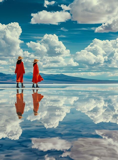 Two men in orange robes walking on the salt lake of Sа_builder, reflecting clouds with a mirror effect. The award winning photography was in the style of Daniel Kordan and James Turrell. Mirror Illustration, Dog Watercolor Painting, New Year Post, Winning Photography, James Turrell, Mood Inspiration, Affordable Artwork, Award Winning Photography, Style Vans