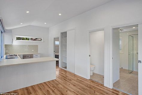 Granny Flat Interior, Granny Flats Australia, Granny Flat Kitchen, Australian Sheds, Garage Apartment Interior, Spence Cabin, Granny Flat Ideas, Flat Kitchen, Stacking Doors