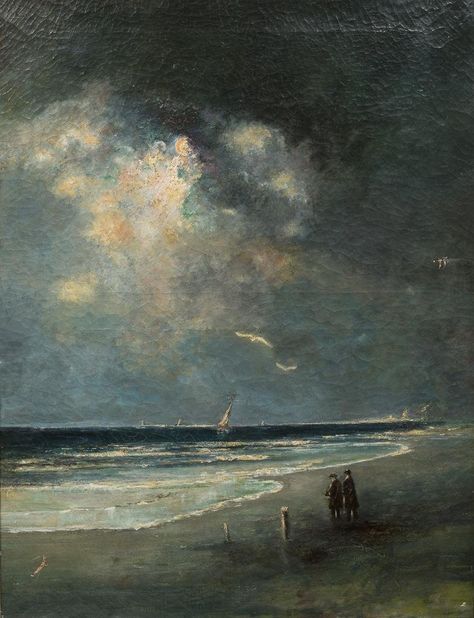 "Moonlit Beach Scene" oil, c.1910 - Gill Martin Sea Shore Painting, Shore Painting, Moonlit Beach, Sky Paintings, Beach Paintings, Vampire Chronicles, Moonlight Painting, Pure Imagination, The Vampire Chronicles