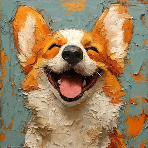 ↑↑↑ Larger size on website 🔸 A close-up painting of a corgi with its mouth open in a joyful grin, showcasing its pink tongue. The Corgi Painting, Corgi Portrait, Smile Dog, Canine Drawing, Puppy Art, Dog Memes, Brush Strokes, Animal Drawings, Small Dogs