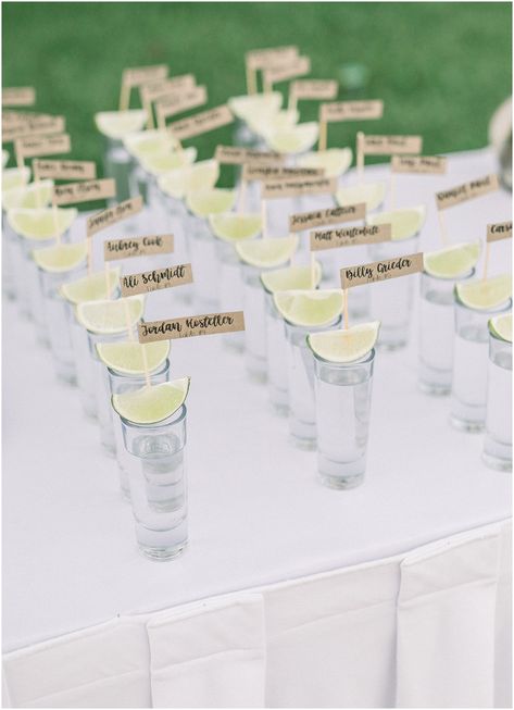 wedding tequila shots at a wedding reception in Mexico #loscabosmexico #mexicowedding #destinationwedding Shots For Wedding Guests, Tequila Toast Wedding, Tequila Wedding Ideas, Tequila Seating Chart Wedding, Wedding Tequila Shots, Shot Table Wedding, Welcome Shots Ideas, Tequila Bar Wedding, Mexico Destination Wedding Decor