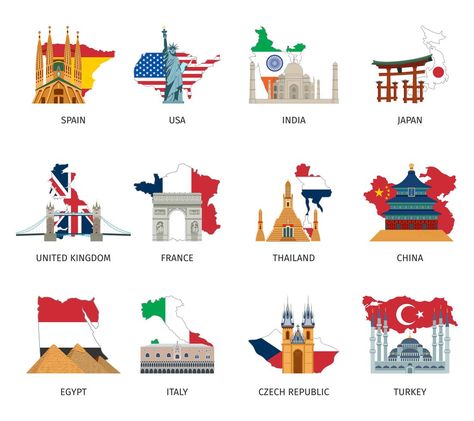 Countries Flags Landmarks Flat Icons Set Country Flags Icons, Travel Doodles, Zestaw Ikon, Countries And Flags, Free Icon Set, City Icon, Flat Icons Set, Luggage Labels, Doodle Art Drawing