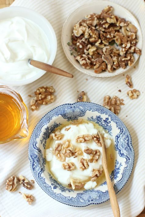 Greek Yogurt Breakfast with Honey & Walnuts | Kitchen Frau Brunch Party Food, March Goals, Honey Walnuts, Fruit Yoghurt, Fasting Meals, Greek Yogurt Breakfast, Quick Clean Eating, Greek Breakfast, Pancakes For Dinner