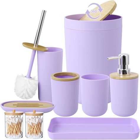 Dream Apartment Decor Bathroom, Purple Trash Can, Lavender Bathroom Ideas, Lavender Bathroom Accessories, Apartment Bathroom Aesthetic, Dorm Room Bathroom Ideas, Bathroom Decor Purple, Nyu Dorm, Purple Kids Room