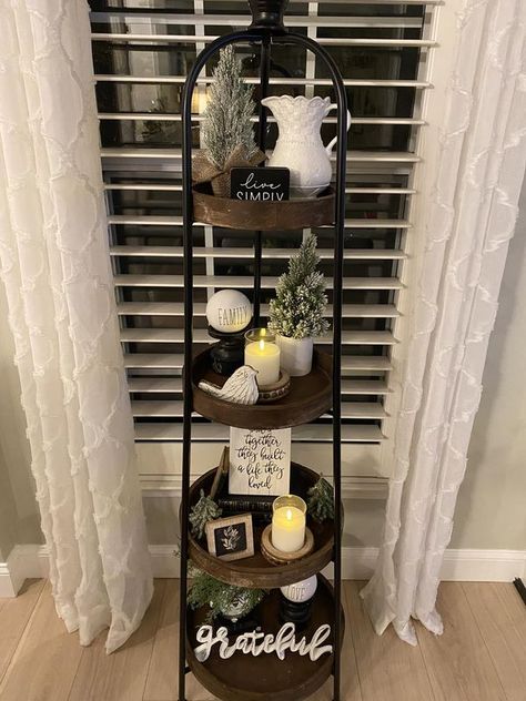 Tiered Tray Decorating & More | Just got this shelf and I absolutely love the way it turned out | Facebook Corner Shelf Decorating Ideas, Shelf Decorating Ideas, Mantle Wood, Wood Baskets, Shelf Decorating, Farmhouse Mantle, Wood Basket, Corner Shelf, Farmhouse Dining Room