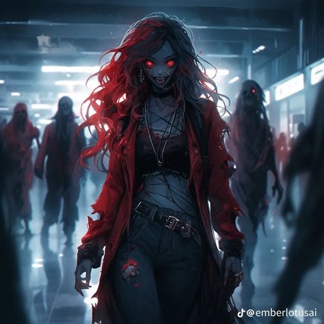 Female Zombie Art, Zombie Woman Art, Zombie Character Art, Vampire Female Art, Zombie Oc Male, Zombie Maid, Zombie Oc Art, Zombie Girl Art, Red Glowing Eyes