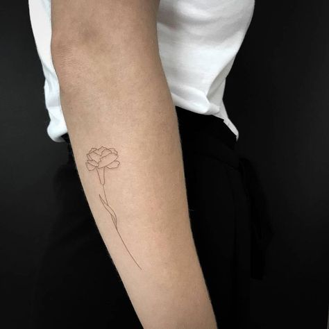 Single needle carnation tattoo on the right forearm. Single Line Marigold Tattoo, Carnation Flower Tattoo Simple, Single Carnation Tattoo, Tiny Carnation Tattoo, Minimalist Carnation Tattoo, Carnation Tattoo Outline, Fine Line Carnation Tattoo, Small Carnation Tattoo, Simple Carnation Tattoo