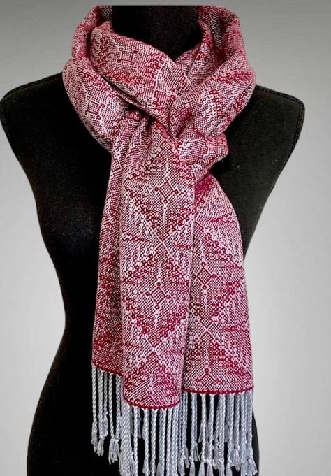 This is a handwoven, one of a kind scarf in silver and deep red.  Light weight and soft to the touch, with a lovely sheen and drape, it can be used with a coat in winter or as an accessory in any season.    Approximately 11 inches wide and 77 inches long plus a twisted fringe. Made of 100% tencel which is an eco friendly fiber made from cellulose.   Easy to care for: hand wash and dry flat.  Press on medium heat to bring out the shine and luster Loom Projects, Weaving Inspiration, Weaving Loom Projects, Weaving Ideas, Handwoven Scarf, Weaving Loom, Ideas Creative, Loom Weaving, Red Light