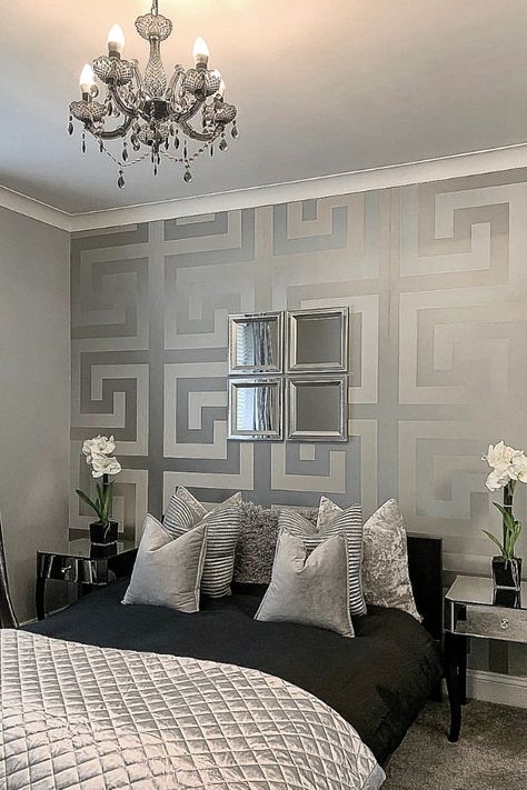 This Wallpaper is a beautiful, contemporary design that adds luxury, glamour and sophistication to any chosen room. Visit our Instagram @ilovewallpaper.co.uk for more inspiration. #ilovewallpaper #wallpaper #homeinterior #homeaccents #home Silver Wallpaper Living Room, Wallpaper Living Room Ideas, Silver Bedroom Decor, Wallpaper Decor Bedroom, Versace Wallpaper, Silver Bedroom, Apple Iphone Wallpaper, Apple Iphone Wallpaper Hd, Silver Wallpaper