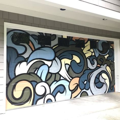 Painted Garage Door Mural, Garage Wall Mural Ideas, Mural Dinding Art, Garage Mural Ideas, Garage Wall Mural, Garage Murals, Cyberpunk Cafe, Garage Door Murals, Garage Graffiti