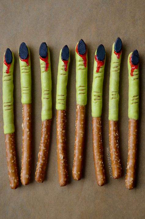 Chocolate Halloween Pretzels | Just a Taste Halloween Desserts Kids, Banana Nut Pancakes, Halloween Pretzels, Chocolate Halloween, Witches Fingers, Black Food Coloring, Salted Pretzel, Homemade Snickers, Halloween Sprinkles