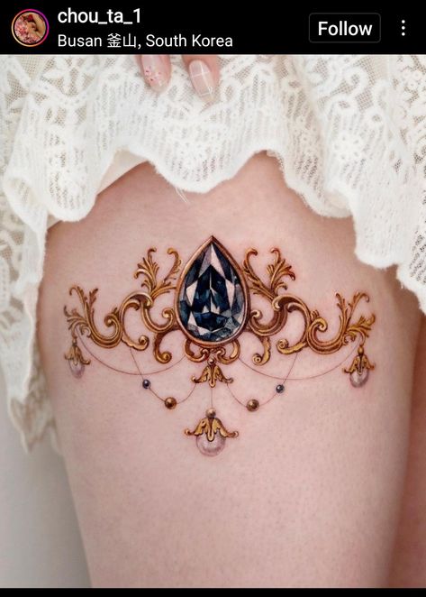 Sternum Gem Tattoo, Royalty Tattoo, Jewerly Tattoo, Dragon Thigh Tattoo, Thigh Tattoos For Women, Butterfly Thigh Tattoo, Small Thigh Tattoos, Jewelry Tattoo Designs, Garter Tattoo