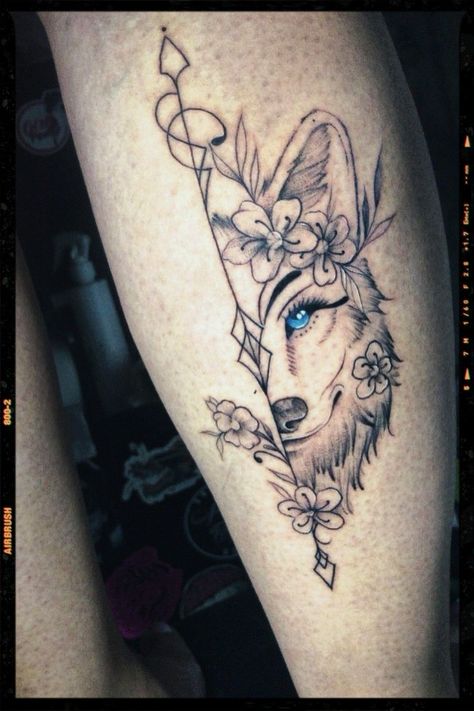 Geometric Wolf Tattoo For Women, White Wolf Tattoo For Women, Wolf Thigh Tattoo For Women, Wolf Tattoo For Women Beautiful, Wolf Couple Tattoo, Wolf With Flowers Tattoo, She Wolf Tattoo, Feminine Wolf Tattoo Design, Wolf Tattoo Ideas For Women