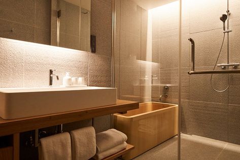 MUJI hotel ginza opens in tokyo next month offering 'anti-gorgeous, anti-cheap' night stay Muji Bathroom, Muji Hotel, Muji Interior, Wooden Bathtub, Muji Home, Muji Style, Modern Japanese, Grand Central, Hotel Bathroom