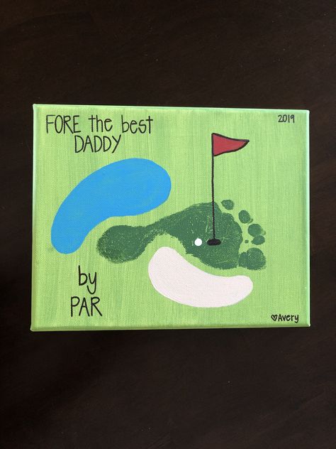 Best Daddy By Par Craft, Golf Footprint Art, Baby Father’s Day Art, Best Dad By Par Footprint, Father’s Day Cards From Baby, Father’s Day Baby Painting, Toddler Crafts For Dad, Best Dad By Par Craft, Golf Handprint Craft