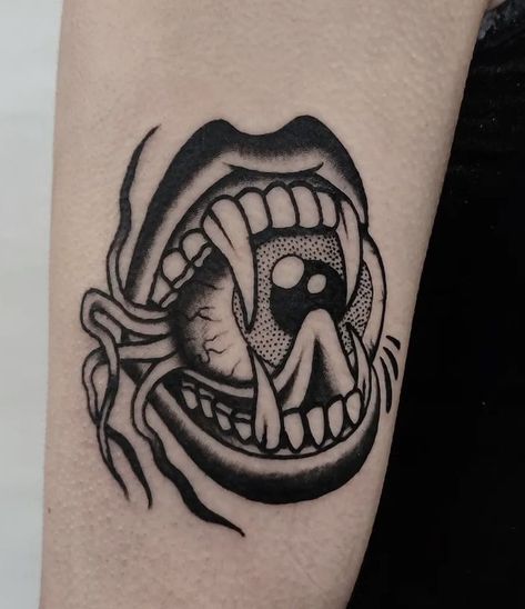 Tattoo Ideas For Men Medium Size, Lower Elbow Tattoo, Arm Ditch Tattoo Traditional, Punk Style Tattoo, Skull Profile Tattoo, Spooky Traditional Tattoo Black, Creepy Filler Tattoo, Scary American Traditional Tattoo, Dark Spooky Tattoos