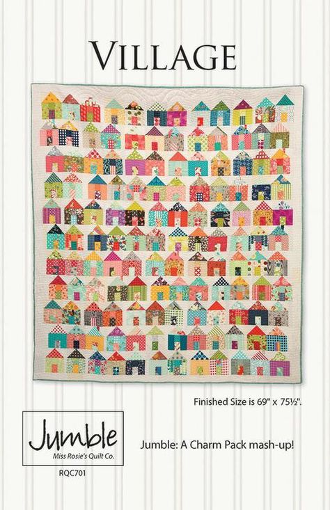 Village quilt Miss Rosie's Quilt co, scrap quilt with houses made from Charm Packs Village Quilt Pattern, Village Quilt, Charm Pack Quilt Patterns, House Quilt Block, House Quilt Patterns, Charm Pack Quilt, Charm Pack Quilts, Cottage Quilt, Nancy Zieman