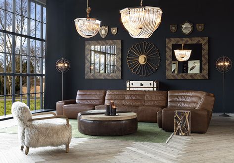 Black House Decor, Velvet Sofas, Masculine Interior, Drum Side Table, Timothy Oulton, Leather Sectional Sofa, Small Side Table, Leather Couch, Living Room Collections