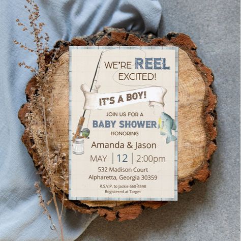 Baby Shower Invitations Fishing Invitation Boy Baby Shower Invitation" Baby Shower Fishing Theme Boy, Fishing Baby Shower Theme, Fishing Invitations, Excited Baby, Baby Shower Fishing, Fishing Baby, Fishing Nursery, Baby Boy Themes, Rustic Baby Shower Invitations