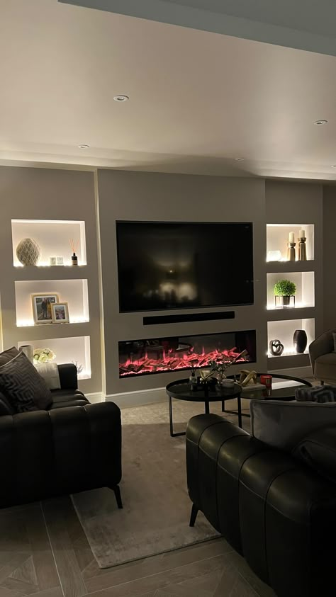 Louise on Instagram: "The most asked question about our media wall is ‘Where do we keep our sky box etc?’ As you can see on the video, we created a shelf with…" Media Wall Ornaments, Living Room Media Wall Dark, Media Wall Accessories, Feature Media Wall, Media Wall Decoration Ideas, Dark Media Wall Living Room, Media Wall Dark, Media Wall Design Ideas, Modern Media Wall Design Ideas