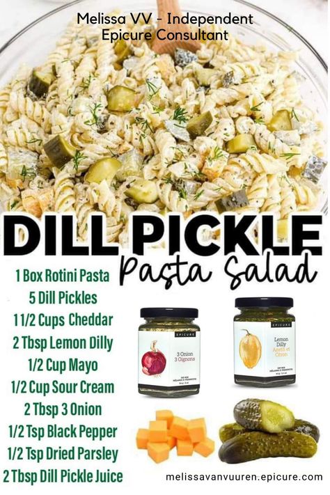 Dill Pickle Pasta Salad is a great salad to bring to a BBQ or a picnic! Use our Epicure products to really enhance the flavours! Bring To A Bbq, Pickle Pasta Salad, Pickle Pasta, Dill Pickle Pasta Salad, Epicure Recipes, Pasta Dinner Recipes, Tasty Pasta, Dill Pickle, Spice Recipes