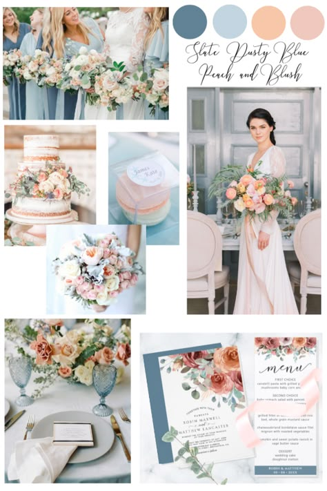 Gorgeous new color palette to explore. Slate, dusty blue, peach and blush hues creating a dreamy elegant atmosphere. Inspired by soft elegant mint gray foliage, slate and cloudy dusty blue bridesmaid dresses and soft blush and peach floral.  #dustybluewedding, #weddingcolorpalette, #dustyblueweddingcolorpalette, #mintandpeachweddingcolorpallete, #peachandbluewedding Light Purple Wedding Color Palette, Dusty Blue And Orange Bridesmaid Dresses, Dusty Blue And Blush Bridesmaid Dresses, Slate Blue And Blush Wedding, Slate Blue Palette, Dusty Blue And Peach Wedding Theme Bridesmaid Dresses, Blue Peach Wedding Theme, Baby Blue And Peach Wedding, Soft Blue Wedding Theme